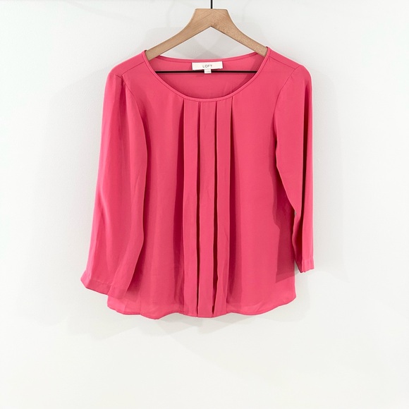 Loft 3/4 Sleeve Pleat Front Blouse Pink Size Small - Picture 2 of 6
